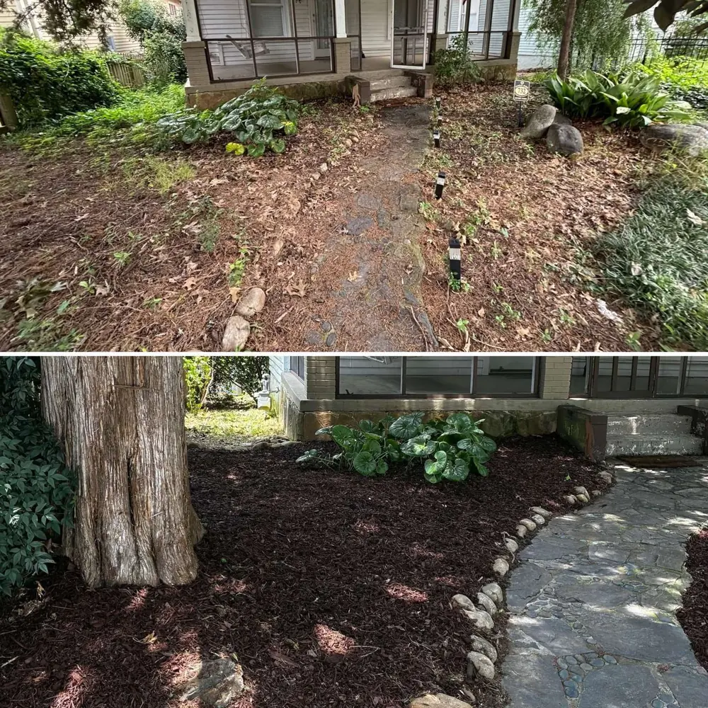 Mulch bed along a stone walkway