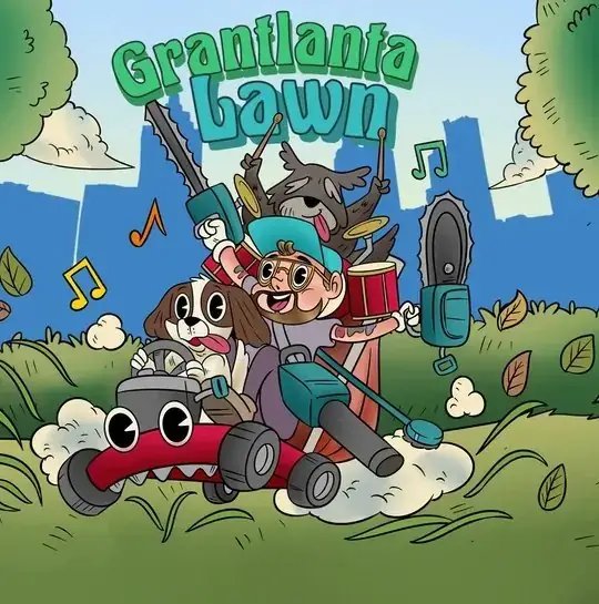 Grantlanta Lawn illustration: Grant on a mower with his two dogs and a drum kit