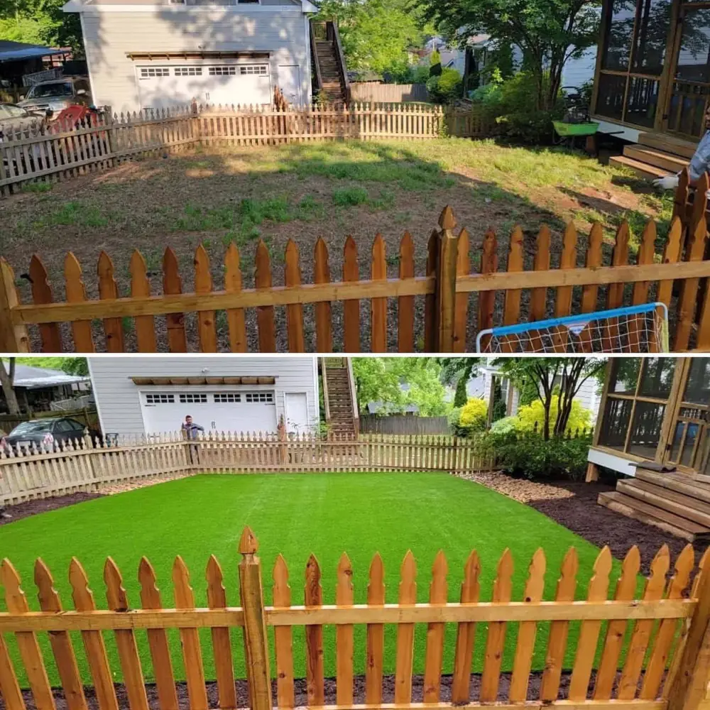 Backyard with new turf and a picket fence